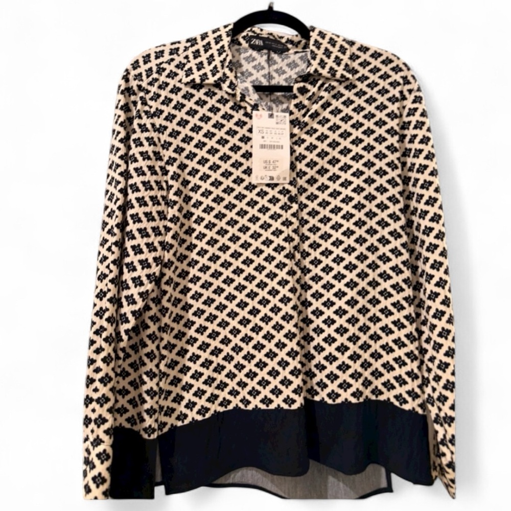 NWT ZARA Black & White Oversized Patterned Blouse - XS